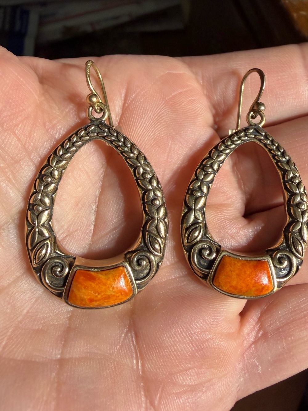 Vintage Barse 925 Sterling silver Gold Tone Orange Stone Dangle Earrings